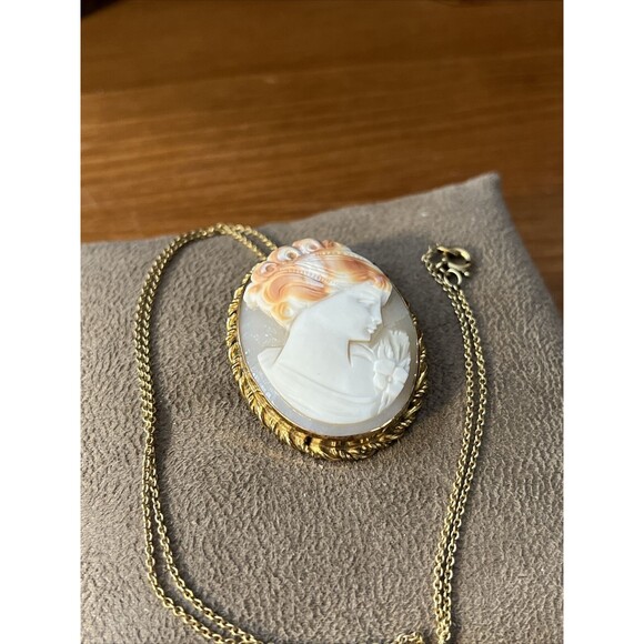 Antique MARBRO 12k GF Carved Shell Cameo Brooch Pendant twisted Rope Border 18”c - Picture 5 of 12